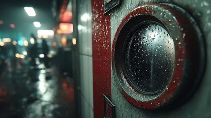 the scene presents a close up of a round, metallic object affixed to a wall, likely part of a public appliance