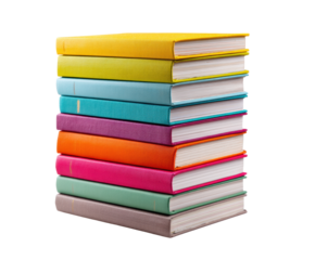 Colorful stack of hardcover books for creative design projects, cut out transparent