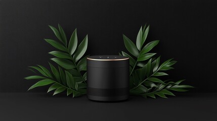 Black Smart Speaker with Gold Accents and Green Foliage on Dark Background