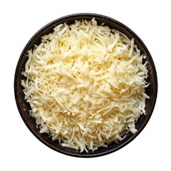 Overhead shot of a bowl of shredded cheese isolated on white backdrop