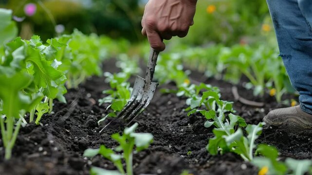 Gardener cultivating fresh greens in a vibrant vegetable patch with care and precision at a serene countryside location