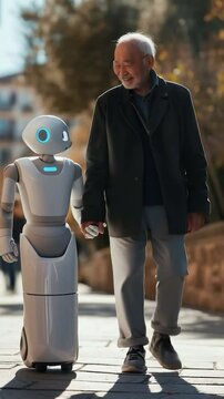 elderly oriental man walks in the company of an artificial intelligence robot technology of the future assistance with robotics