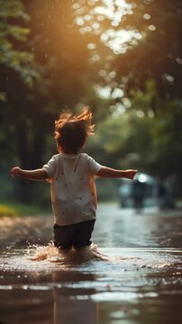 Child splashing in puddles after refreshing rain, joyful outdoor playtime