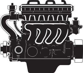 Black and White Illustration of a Detailed Car Engine