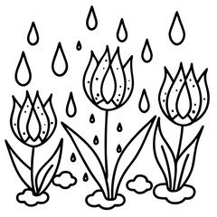 Magical raindrops fall and transform into blooming flowers upon contact, blending nature and fantasy. This surreal, vibrant scene captures delicate petals emerging from water in a dreamlike moment.