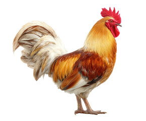 Fototapeta premium Vibrant rooster poses with impressive plumage in farmyard setting, cut out transparent