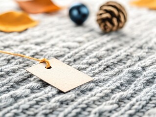 Blank Kraft Tag on Knitted Gray Sweater with Autumnal Decor