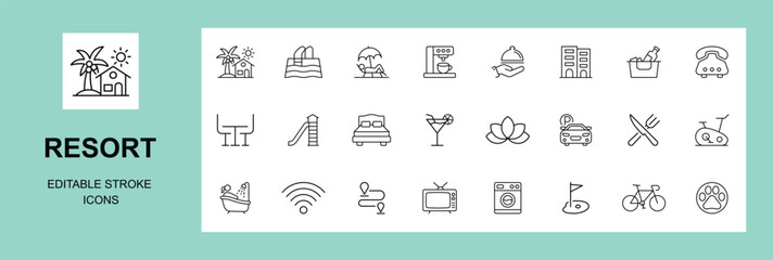 Resort icon set. Containing travel, tourism, hotel, beach, wellness, landscape, hotel service, vacation and more, Linear icon collection. Editable stroke. Vector illustration