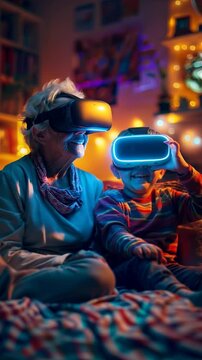 grandmother and her grandson gaming ai child playing with virtual reality headsets, enjoying games of artificial intelligence
