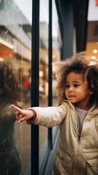 A happy little girl with afro hair in a shop window shopping and picking out gifts childhood Children's Day