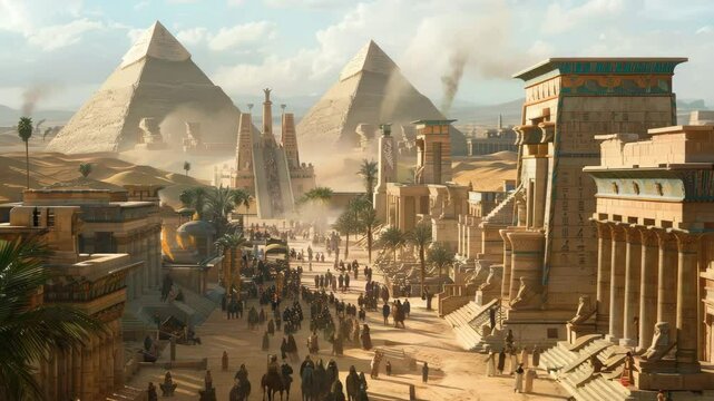 Experience daily life in ancient Egypt with pyramids, bustling markets, and people engaged in various activities set against a stunning desert backdrop