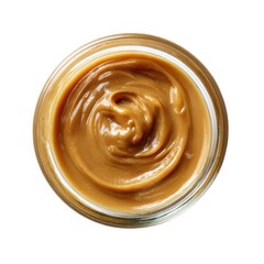 Overhead view of peanut butter in a glass jar on white background