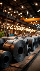 Industrial steel coils stacked in manufacturing warehouse with warm overhead lighting and bokeh effect, metal production facility showing raw materials for construction industry