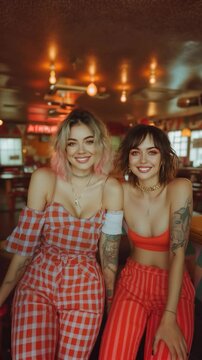 lesbian couple of two women with stylish attitude and empowering poses in a trendy bar
