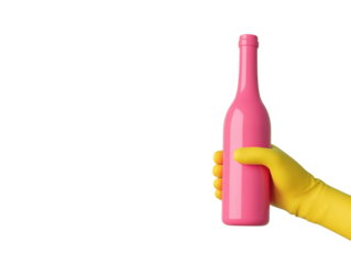 Hand Holding Pink Bottle: The Image showcases a hand wearing a bright yellow protective glove, delicately holding a sleek, pink bottle against a clean backdrop.