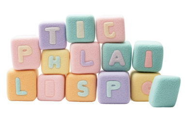 Pastel-colored soft felt alphabet blocks arranged as educational toy set promoting letter recognition and fun isolated on transparent background PNG