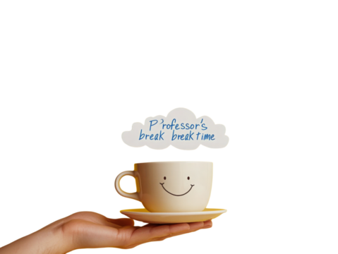 Professor's Break Time with a Smiling Cup: The comforting embrace of a smiling coffee cup in a hand, representing the tranquil moment of a professor's break time