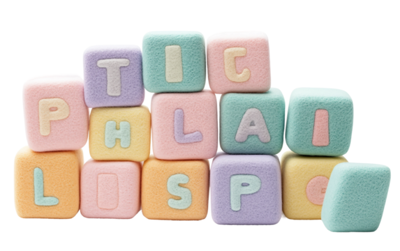 Pastel-colored soft felt alphabet blocks arranged as educational toy set promoting letter recognition and fun isolated on transparent background PNG