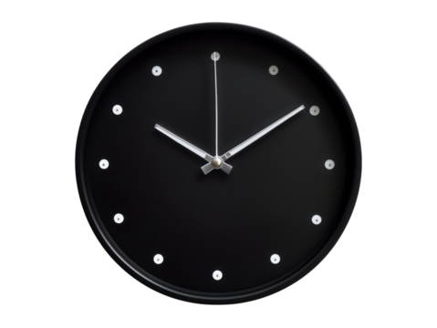 Sleek Wall Clock: A minimalist black wall clock with a clean face and subtle marker ticks indicates a specific time. Capture the essence of modern timekeeping.
