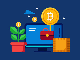 Vector illustration of bitcoin on screen with electronic circuit and financial icons design