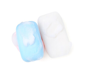 Soap bars with foam isolated on white, top view