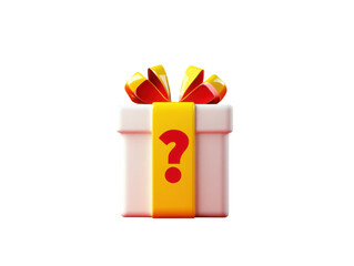 Mystery Gift Box: An intriguing,  gift box with a yellow ribbon and a large question mark, promising an exciting and unexpected surprise.