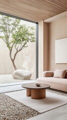 Japandi aesthetic, dusty rose sofa, low table, full vertical window opens to dry stone courtyard