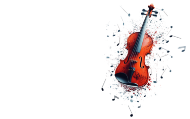 Surreal floating violin breaking apart into fragmented pieces with dramatic artistic expression and motion isolated on transparent background PNG