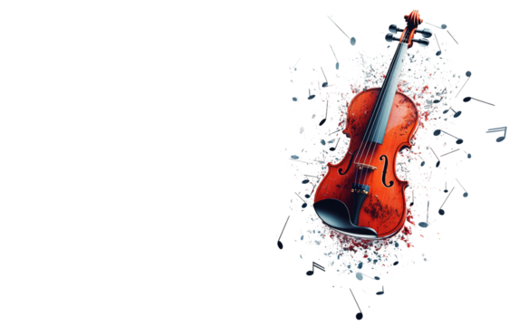 Surreal floating violin breaking apart into fragmented pieces with dramatic artistic expression and motion isolated on transparent background PNG