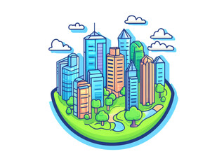 Fototapeta premium Cityscape illustration: A vibrant and colorful cityscape illustration, showcasing modern skyscrapers, lush green parks, and fluffy clouds in a harmonious blend of urban and natural elements.