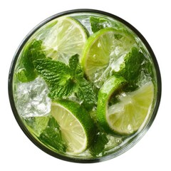 Top view of a refreshing Mojito cocktail with lime and mint leaves