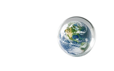 Surreal scene of a miniature Earth globe inside a delicate glass orb floating in space with vivid detail isolated on transparent background PNG