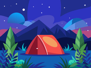 Cartoon style outdoor illustration of red tent against dark blue starry background