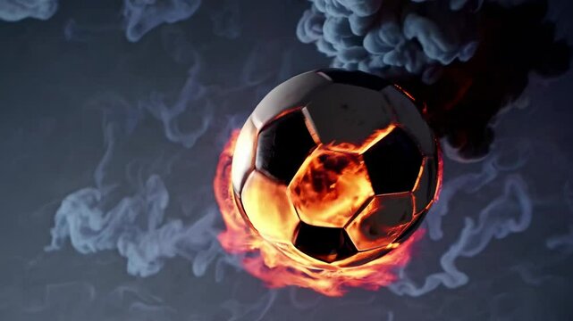 Dynamic close-up of a flaming soccer ball with smoke trails, captured from a side angle, evoking an intense, action-packed video game vibe. Live desktop wallpaper.