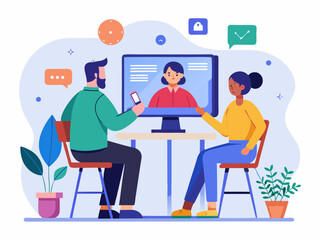 Business video conference flat line illustration showing woman interacting smartphone man on screen