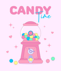 Cute pink gumball machine with colorful candy balls, hearts and sparkles. Fun pastel illustration with text "Candy Time". Perfect for kids, sweets, or retro designs.

