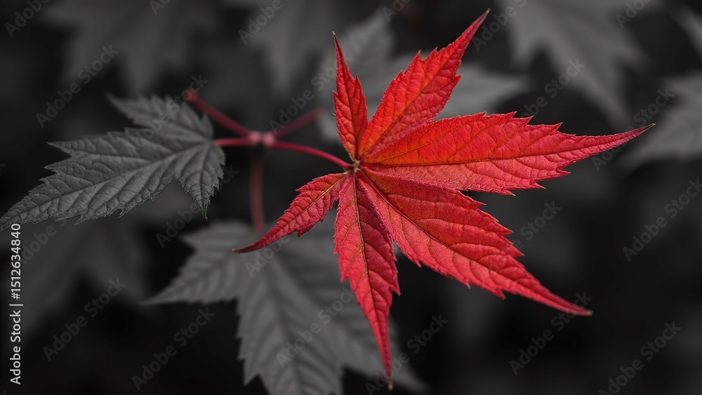 Poster close single red maple leaf leaf focus while background blurred making focal point leaves arranged w