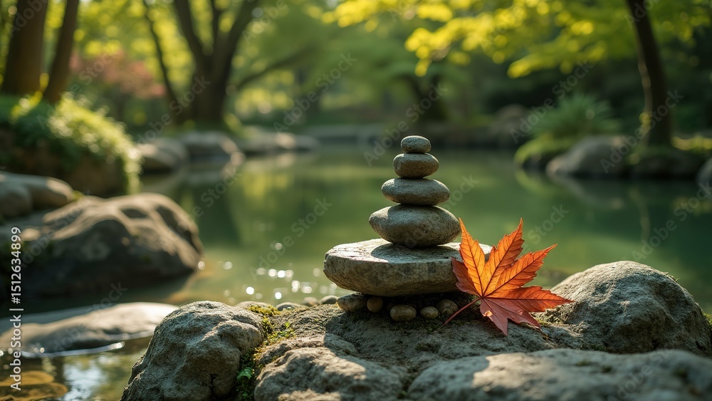 Poster photograph stack rocks garden rocks arranged pyramid like structure topmost rock being largest botto