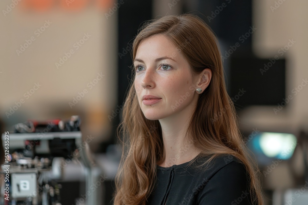 Aufkleber woman discusses advancements in technologies at a conference while engaging with the audience and ex