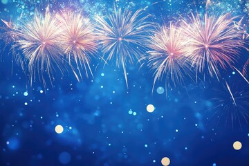 Obraz premium Fireworks illuminate a blue backdrop with vibrant colors and sparkling effects during a festive celebration at night