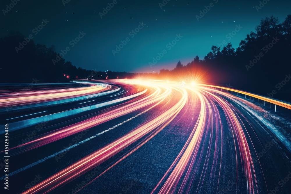 Poster colorful light trails create dynamic patterns on a busy highway during twilight hours illuminated by