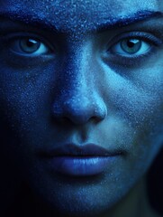 Naklejka premium Close-up portrait of a woman's face. the face is covered in a blue, glittery substance, giving it a mystical and ethereal appearance.