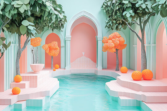 Stylish pastel-hued patio with an arched architectural design surrounding a pool.