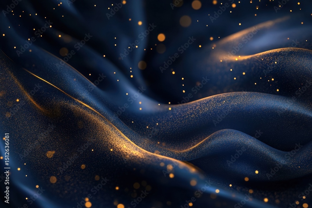 Poster liquid patterns in navy blue shades with shining gold specks creating a mesmerizing swirl effect typ