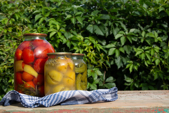 Jars of farm canned cucumbers and tomatoes on a wooden table in the garden. Pickled homemade vegetables. Copy space. 