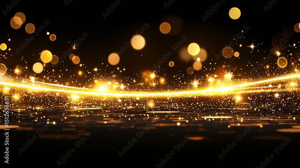 Aufkleber Black background with a gold line and a lot of gold dots. The gold dots are scattered all over the background, creating a shimmering effect. The line of gold adds a sense of movement