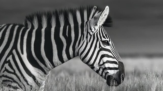 Black and white zebra portrait: Striking monochrome wildlife in natural habitat
