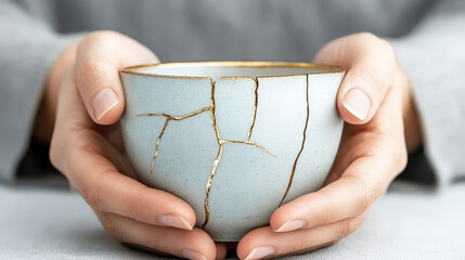 Woman is holding a broken and repaired ceramic mug, showcasing the japanese art of kintsugi, where broken pottery is mended with lacquer dusted or mixed with powdered gold, silver, or platinum