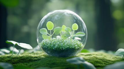Seedlings are growing inside a glass terrarium placed on a patch of moss in a forest, creating a miniature ecosystem and symbolizing environmental conservation and sustainability