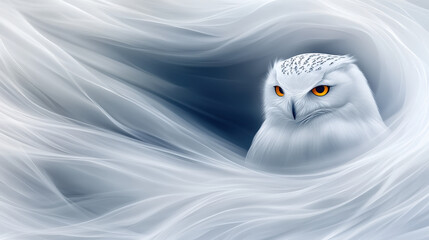Majestic snowy owl with striking yellow eyes emerging from an enchanting backdrop of swirling white patterns, creating a mesmerizing and ethereal atmosphere that captivates the viewer